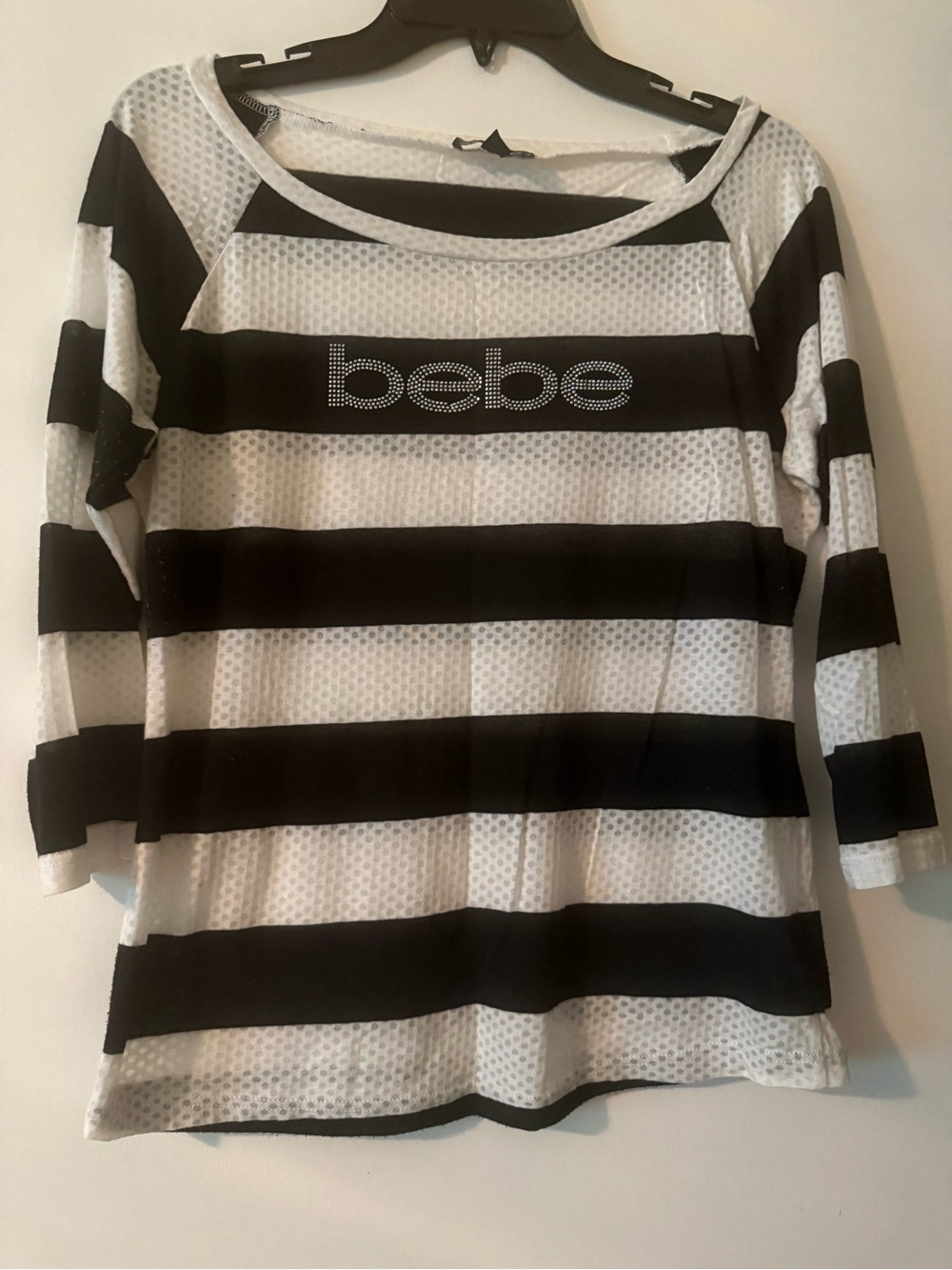 bebe Black and White Mesh Top with Logo Tag